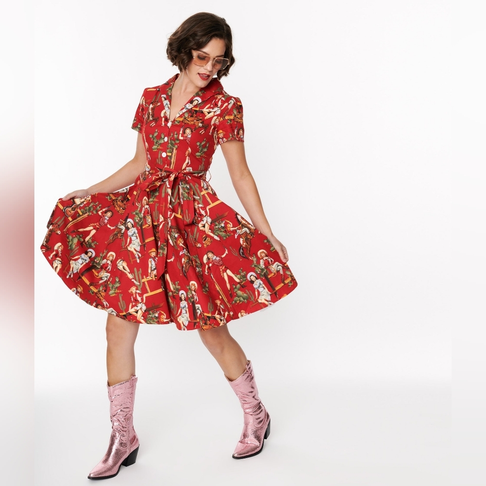 ☆Unique Vintage Red & Cowgirl Print Swing Shirt Dress☆